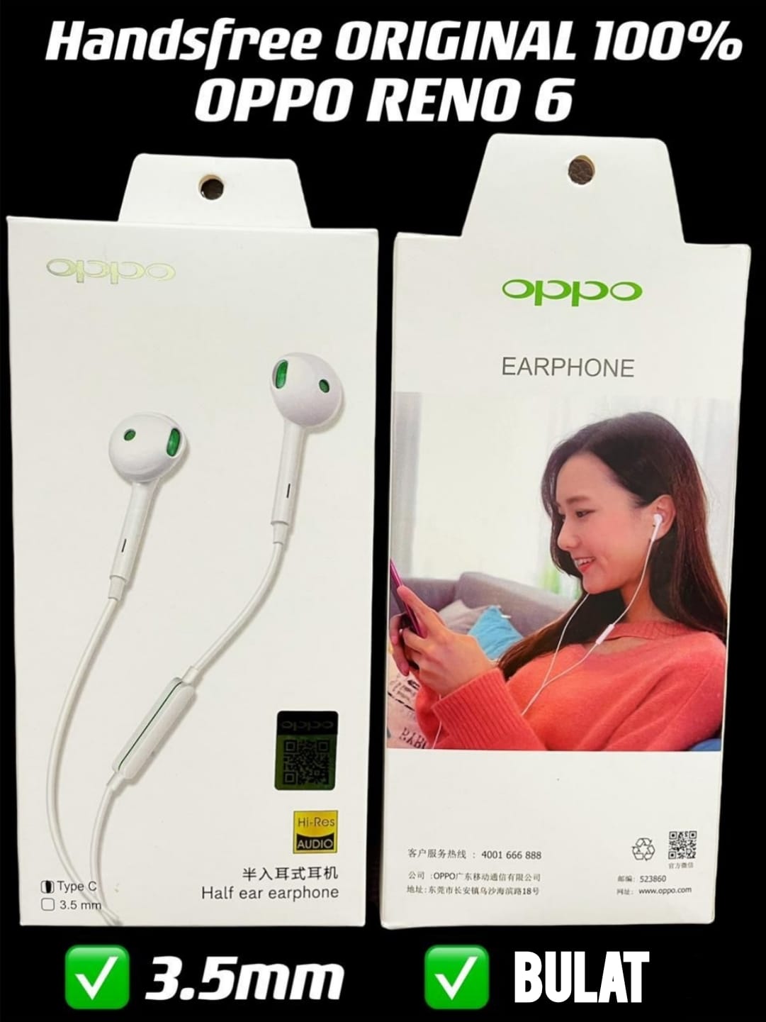 HEADSET ORIGINAL OPPO RENO 6 PLUG BULAT (NG)